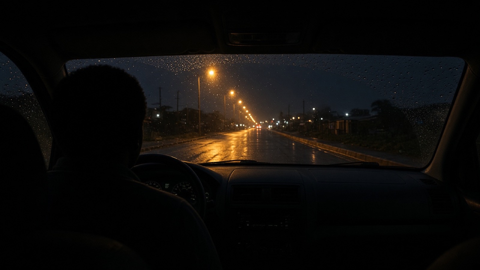 Night road seen through a pickup windscreen.