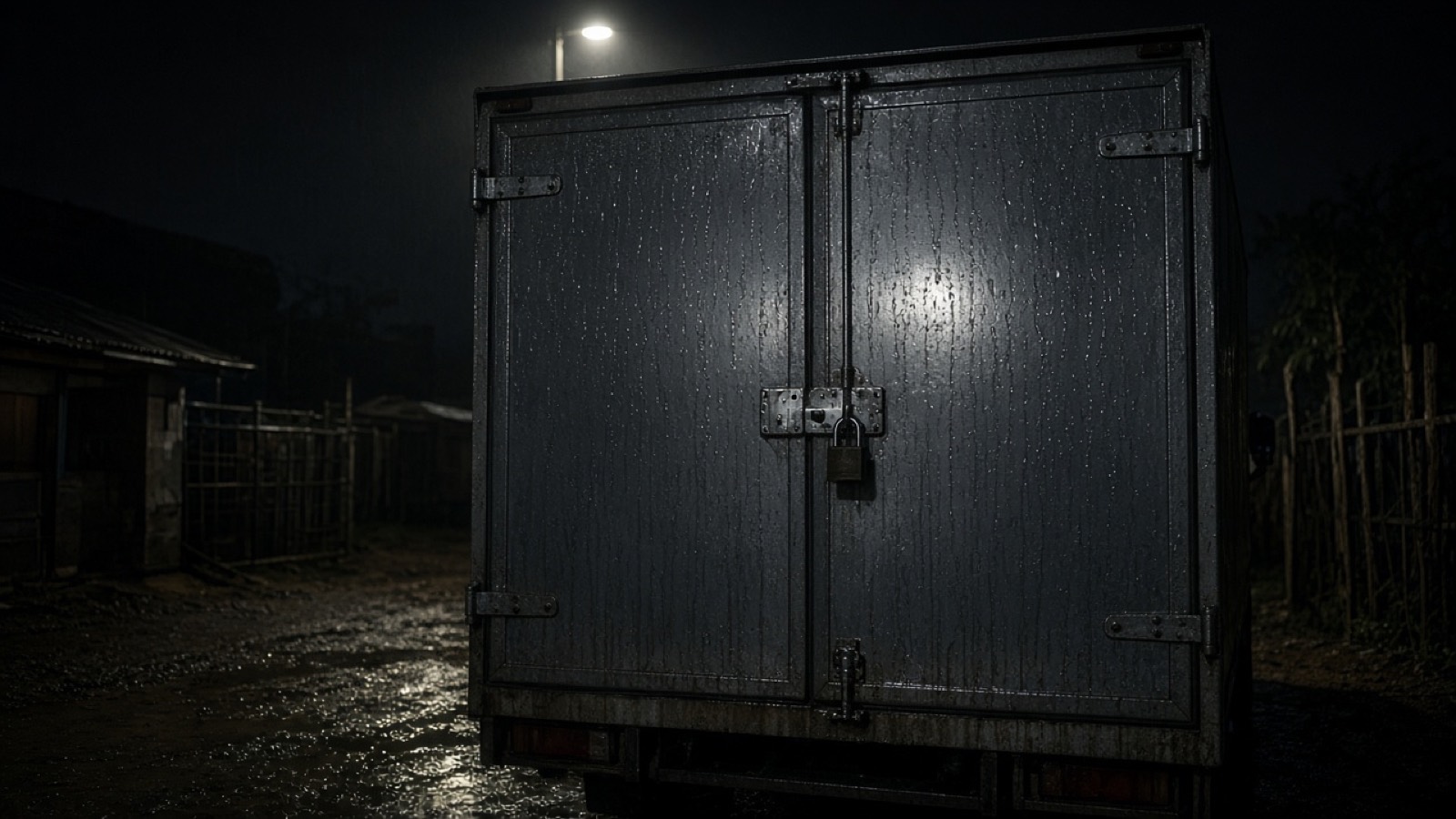 Closed cargo doors on a box truck at night.