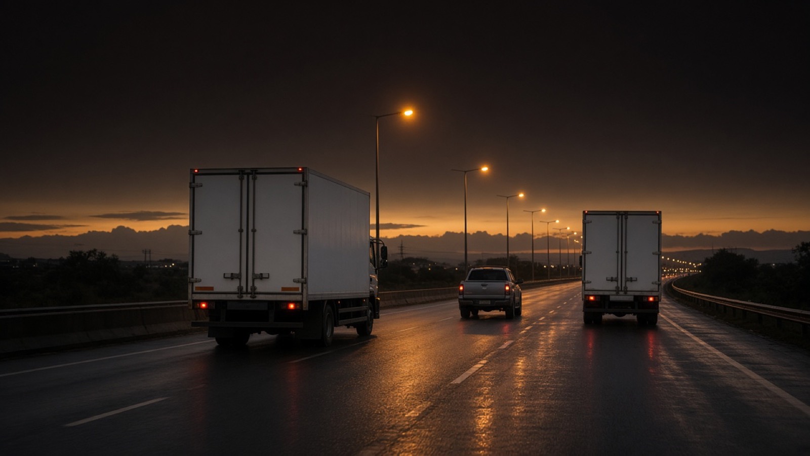 Unmarked trucks on a wet Kenyan highway at dusk.