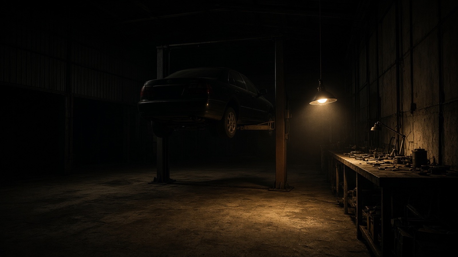 A sedan on a lift in a garage bay at night.
